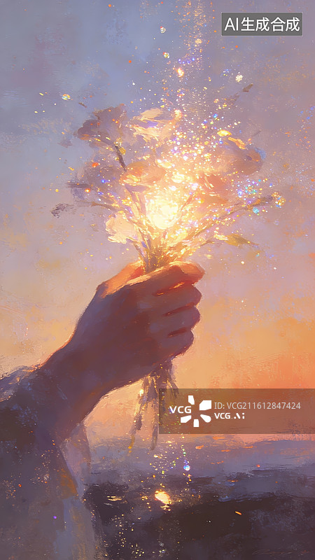 【AI数字艺术】手握发光花束的梦幻场景图片素材