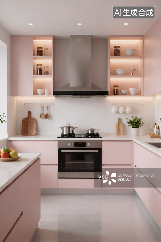 【AI数字艺术】粉色系现代厨房设计图片素材