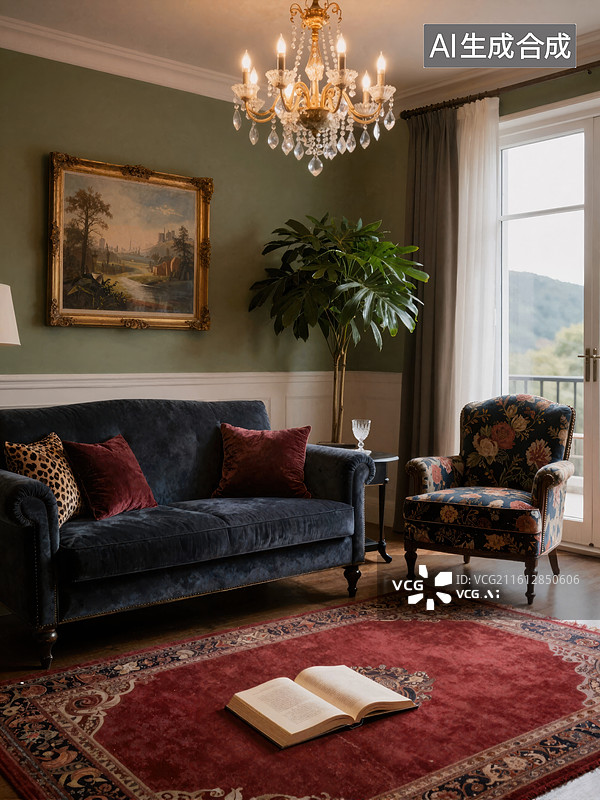 【AI数字艺术】复古客厅中的优雅静谧时光图片素材