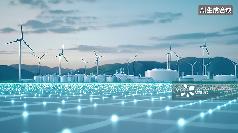 【AI数字艺术】风力发电和储能技术新能源科技新型电力系统概念插画图片素材