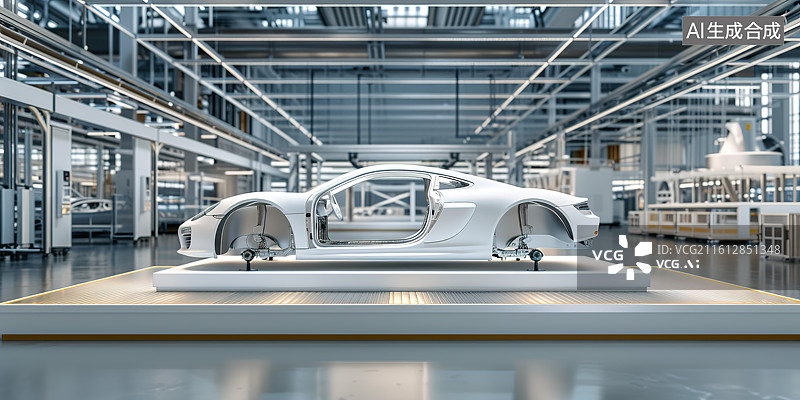【AI数字艺术】现代工厂里的一台汽车车架——汽车工业设计制造概念图片素材