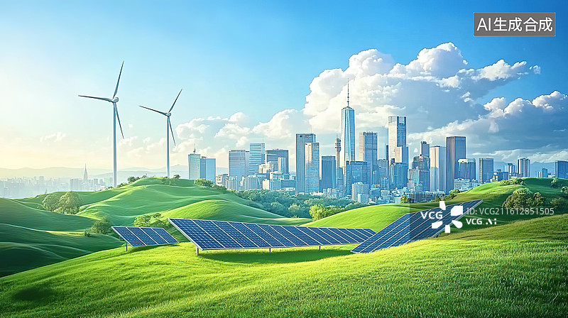 【AI数字艺术】新能源发电绿色低碳城市环保主题插画图片素材