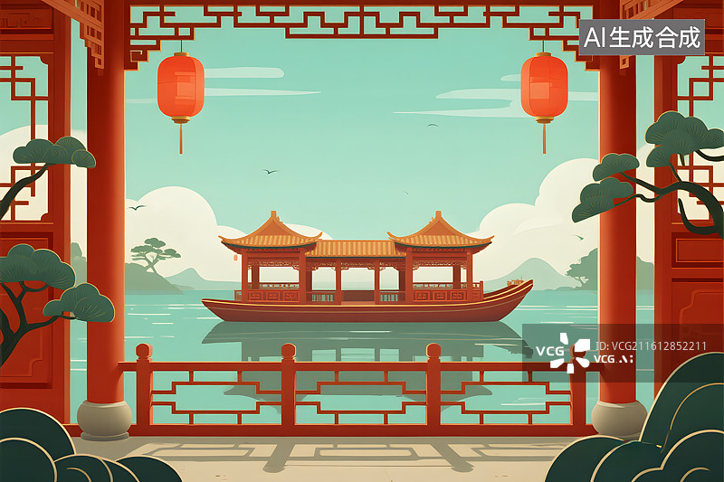 【AI数字艺术】古风画舫水上行图片素材