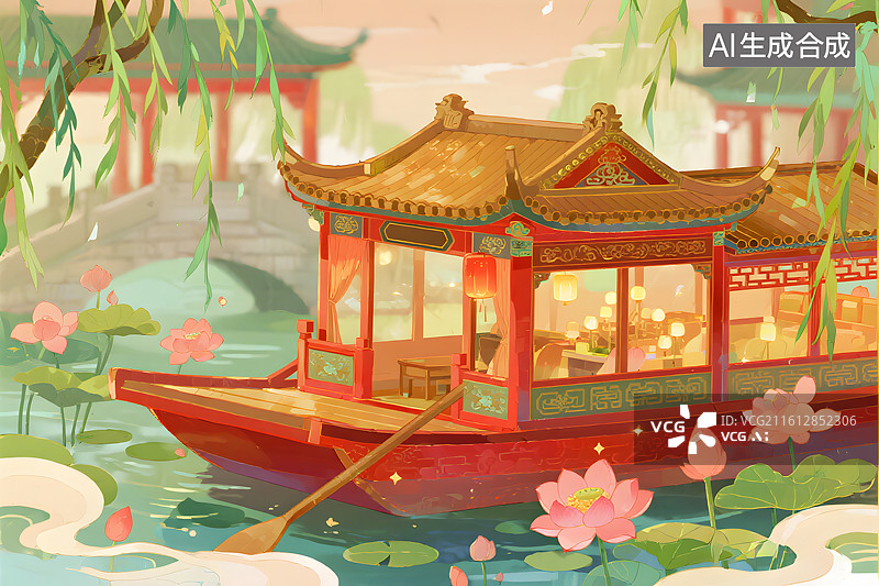 【AI数字艺术】古风画舫水上行图片素材