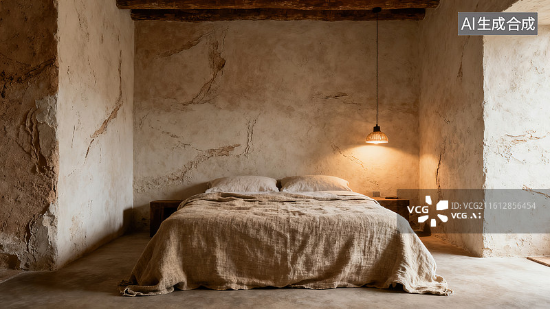 【AI数字艺术】侘寂风肌理墙亚麻床品卧室空间场景图片素材