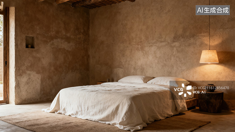 【AI数字艺术】侘寂风肌理墙亚麻床品卧室空间场景图片素材