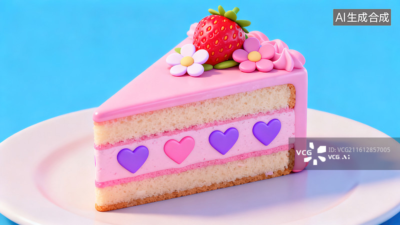 【AI数字艺术】3D 粉紫蛋糕草莓装饰卡通摆件场景图片素材