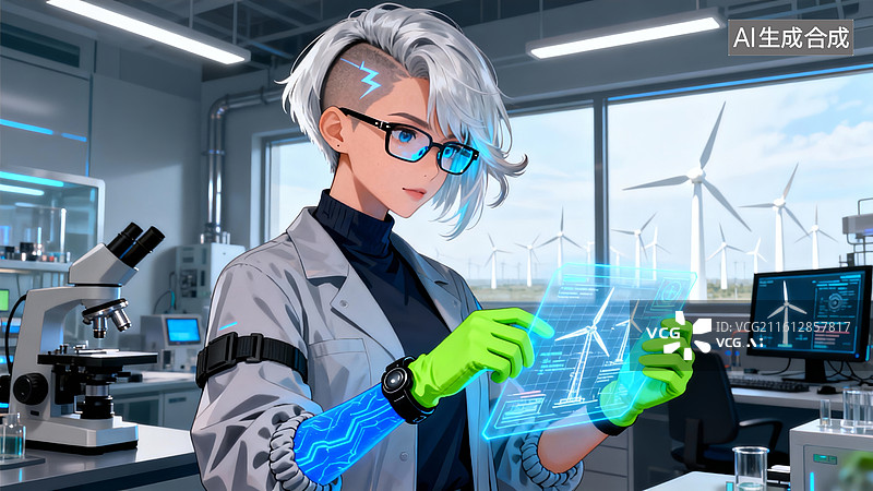 【AI数字艺术】科研少女紫发系新能源实验室场景图片素材