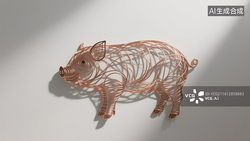 【AI数字艺术】纯色光影背景下的由玫瑰金金属线条立体十二生肖动物猪艺术装饰图片素材