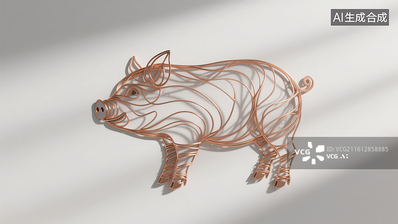 【AI数字艺术】纯色光影背景下的由玫瑰金金属线条立体十二生肖动物猪艺术装饰图片素材