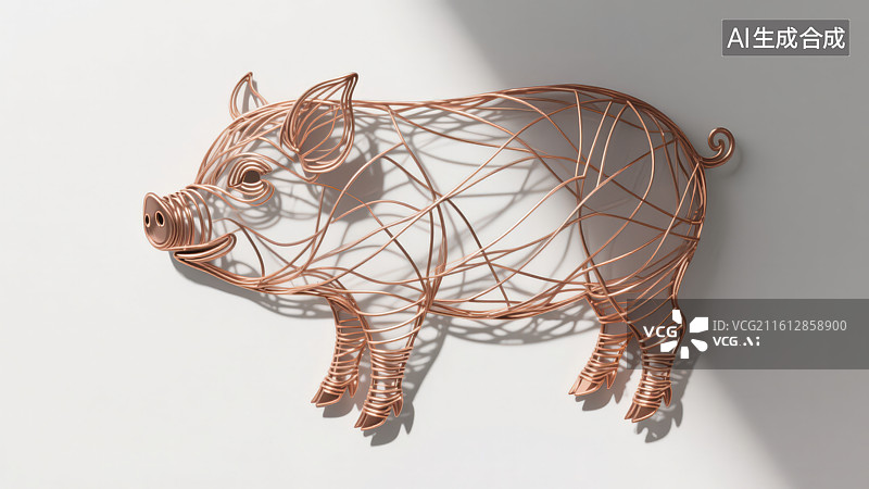 【AI数字艺术】纯色光影背景下的由玫瑰金金属线条立体十二生肖动物猪艺术装饰图片素材