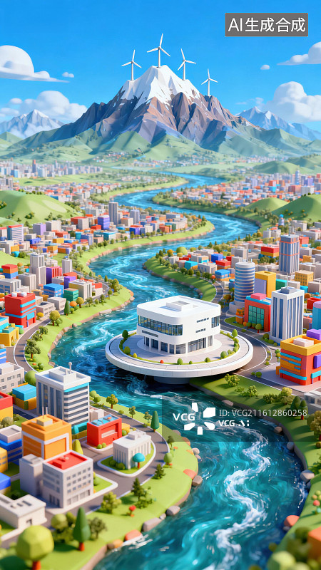 【AI数字艺术】河流穿城而过的现代城市景观图片素材