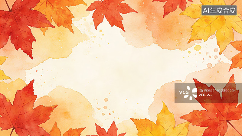 【AI数字艺术】秋季暖色调手绘装饰留白水彩枫叶边框背景图片素材
