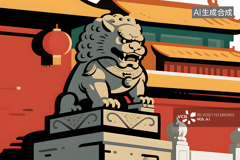 【AI数字艺术】古建筑门前石狮图片素材