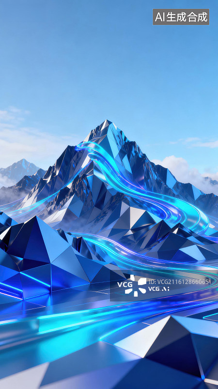 【AI数字艺术】蓝色晶状山脉与光流图片素材