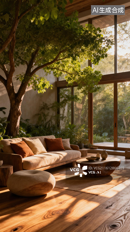 【AI数字艺术】室内绿植与木质家具的自然空间图片素材