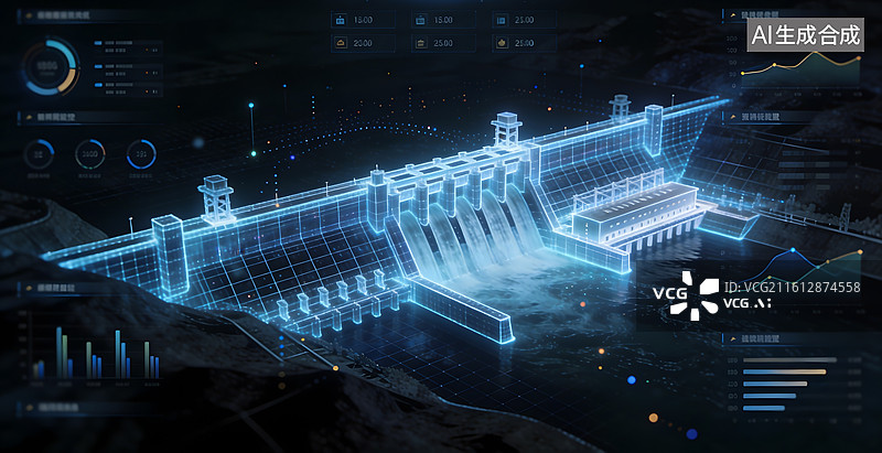 【AI数字艺术】智能水电站数字可视化 水力发电站科技感画面图片素材