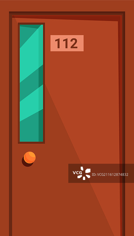 带猫眼的棕色木门，门牌号112图片素材