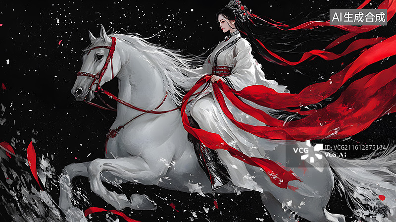 【AI数字艺术】红衣白马古装女子古风侠客骑马背影图片素材