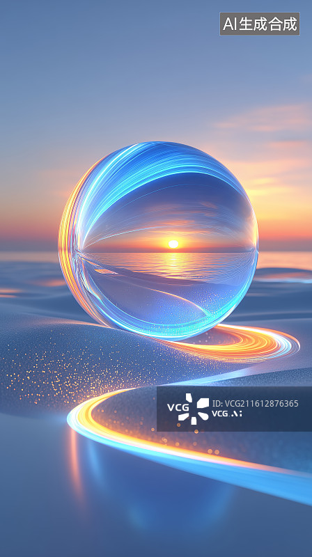 【AI数字艺术】透明球体映照日落山景图片素材