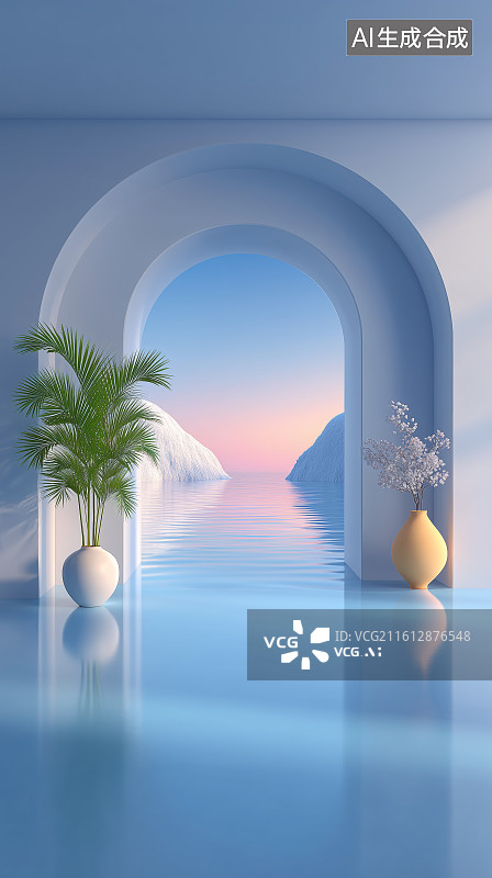 【AI数字艺术】拱门内的宁静海景图片素材