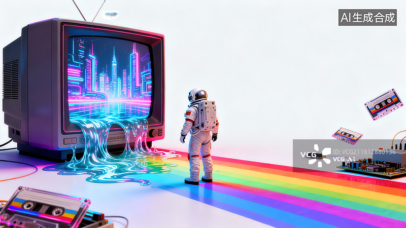 【AI数字艺术】宇航员凝视电视机流出的彩虹城市图片素材