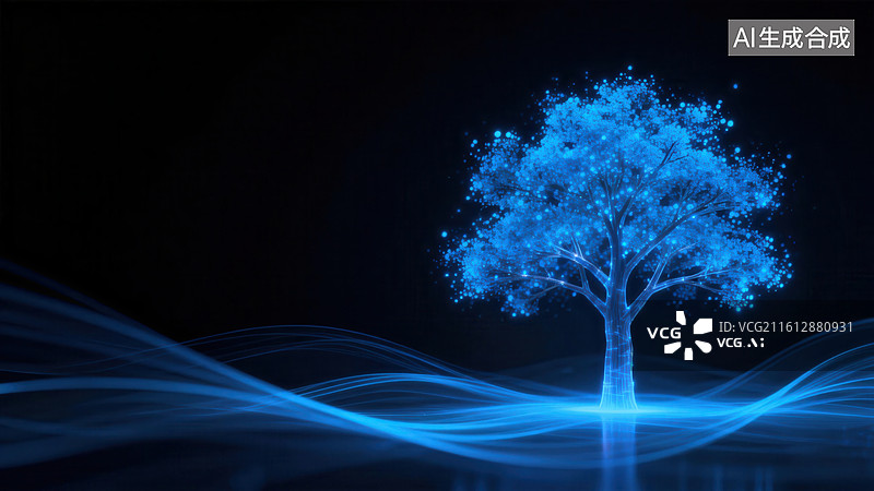 【AI数字艺术】蓝色发光树与波浪光效图片素材