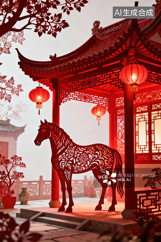 【AI数字艺术】剪纸风格的马与中式亭台图片素材