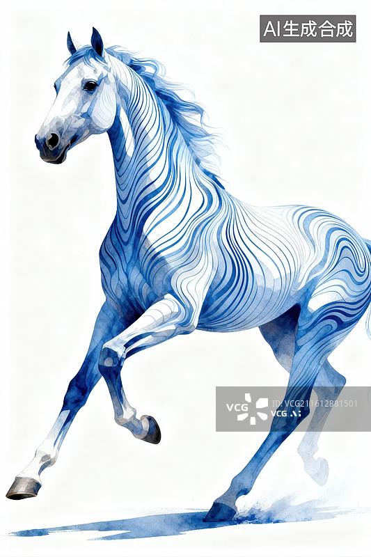 【AI数字艺术】蓝色奔马艺术插画图片素材