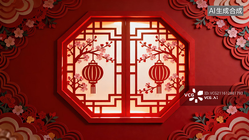【AI数字艺术】红色窗格剪纸花灯图案图片素材