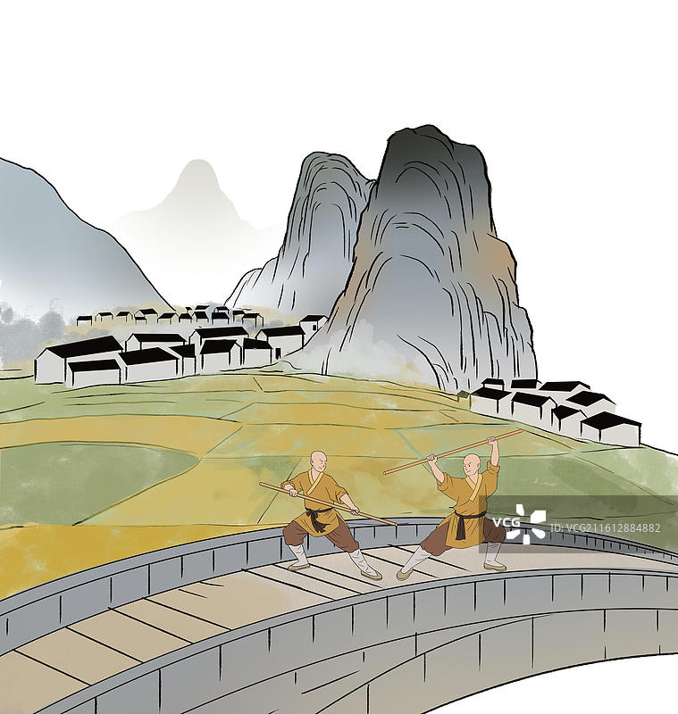 中国风新中式古风古典传统文化国学经典唐诗宋词中国画青绿山水田园风光古人趣味水墨小桥流水石桥插画图片素材