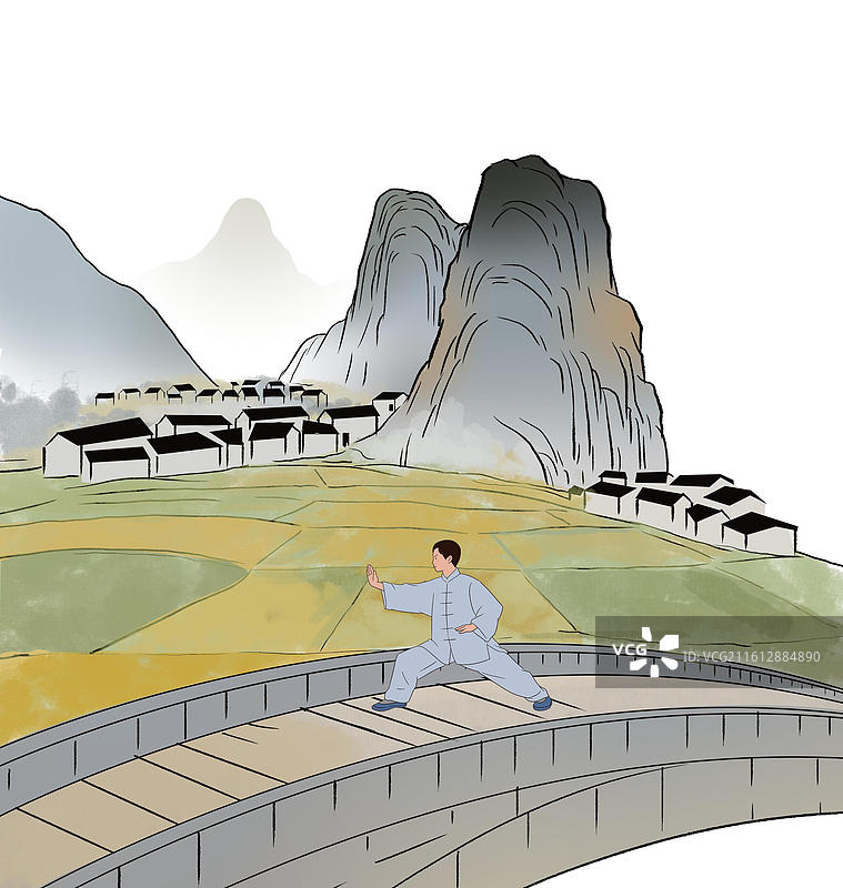 中国风新中式古风古典传统文化国学经典唐诗宋词中国画青绿山水田园风光古人趣味水墨小桥流水石桥插画图片素材