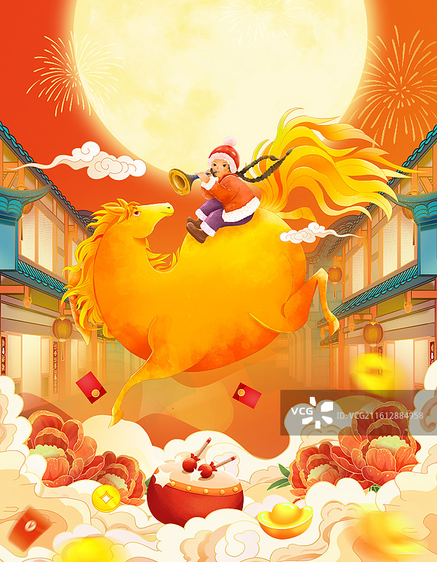 国潮风新春插画 2026马年春节创意 金马上的女孩吹着喇叭贺新年 元宵节氛围 古代街道喜庆  竖版图片素材