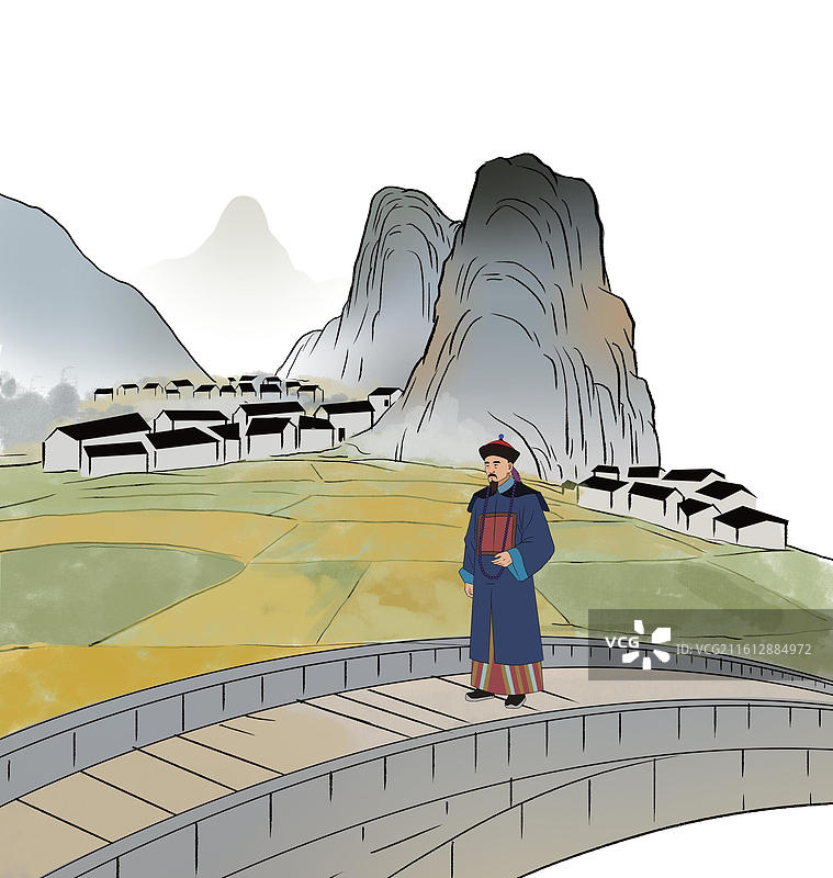 中国风新中式古风古典传统文化国学经典唐诗宋词中国画青绿山水田园风光古人趣味水墨小桥流水石桥插画图片素材