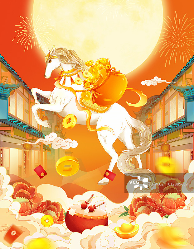 2026马年创意国潮风春节插画 背着黄金的白马 马上有钱 马上发财 古代建筑的街道 喜庆氛围 竖版图片素材