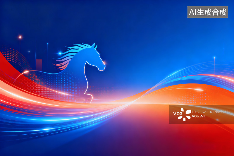 【AI数字艺术】蓝色背景，一匹奔跑的骏马，春节海报图片素材