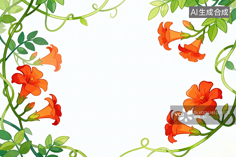 【AI数字艺术】藤蔓上盛开的凌霄花背景图，中间留白图片素材