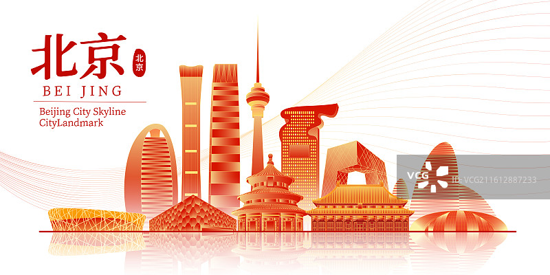 国风北京城市印象地标建筑城市天际线新年春节国庆节节日红色矢量插画建筑群图片素材