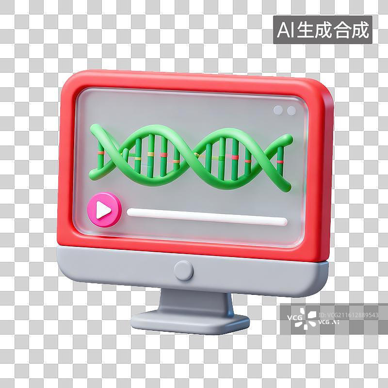 【AI数字艺术】3D磨砂玻璃材质教育主题生物学电脑显示器上DNA双螺旋结构讲解视频播放按钮进度条生物科普线上学习元素图片素材