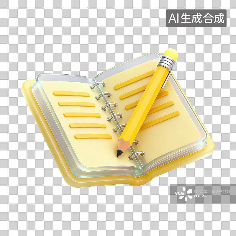 【AI数字艺术】3D磨砂玻璃材质教育主题笔记本铅笔元素图片素材