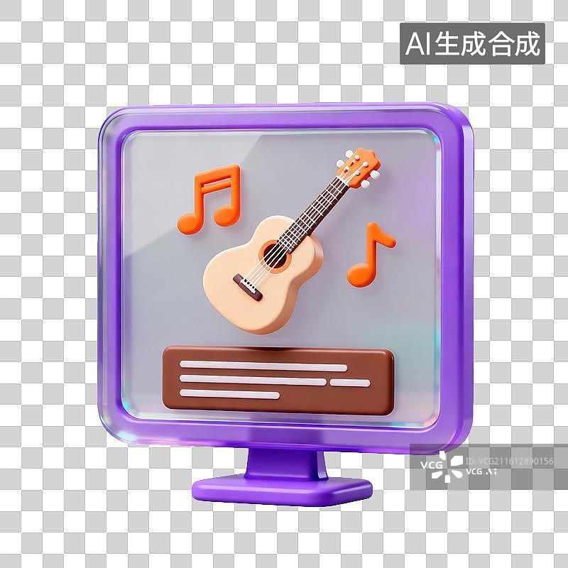 【AI数字艺术】3D磨砂玻璃材质教育主题音乐课电脑屏幕上的吉他和音符线上音乐平台元素图片素材
