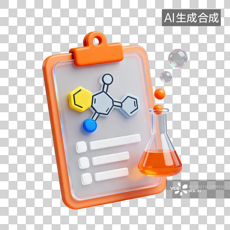 【AI数字艺术】3D磨砂玻璃材质教育主题化学课带有六边形分子结构文件夹夹板和锥形烧瓶元素图片素材