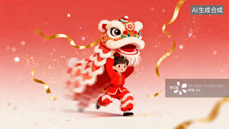 【AI数字艺术】儿童舞狮表演喜庆场景图片素材
