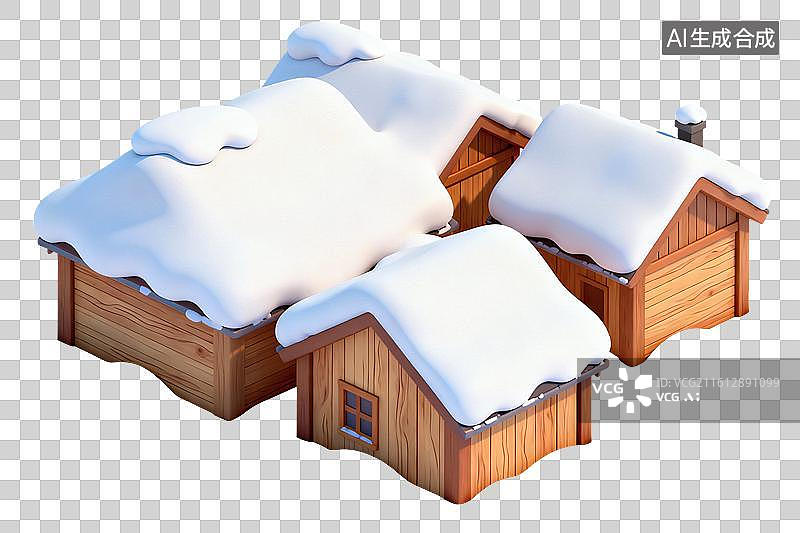 【AI数字艺术】卡通风格，被积雪覆盖的木屋PNG格式的免扣元素图片素材