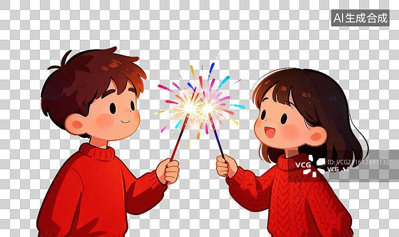 【AI数字艺术】卡通风格，穿着红色毛衣的孩子正在放烟花PNG格式的免扣元素图片素材