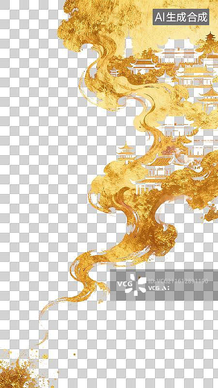 【AI数字艺术】卡通风格，金色向上的烟雾中，古代建筑群PNG格式的免扣元素图片素材