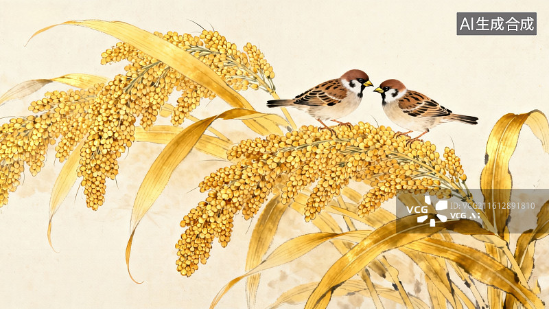 【AI数字艺术】两只麻雀栖息在金黄谷穗上图片素材
