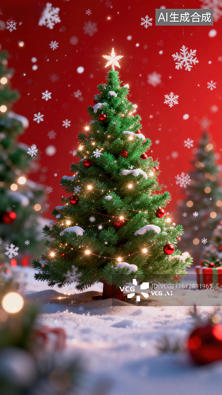 【AI数字艺术】雪中圣诞树与彩灯装饰图片素材