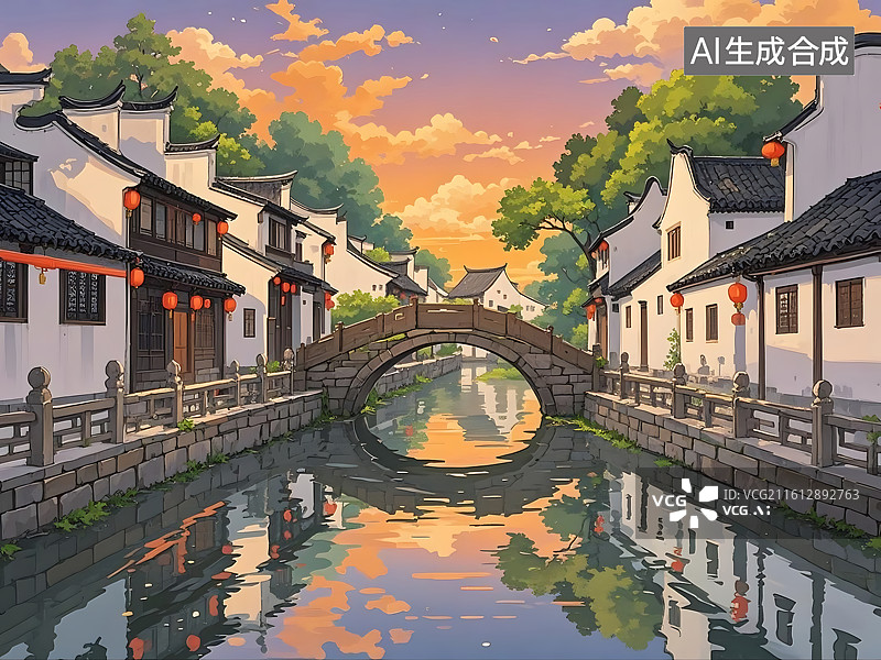 【AI数字艺术】古色古香水乡小镇黄昏景图片素材