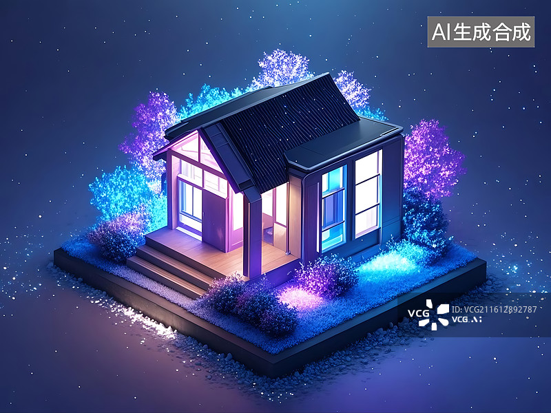 【AI数字艺术】夜色中发光小屋的梦幻插画图片素材
